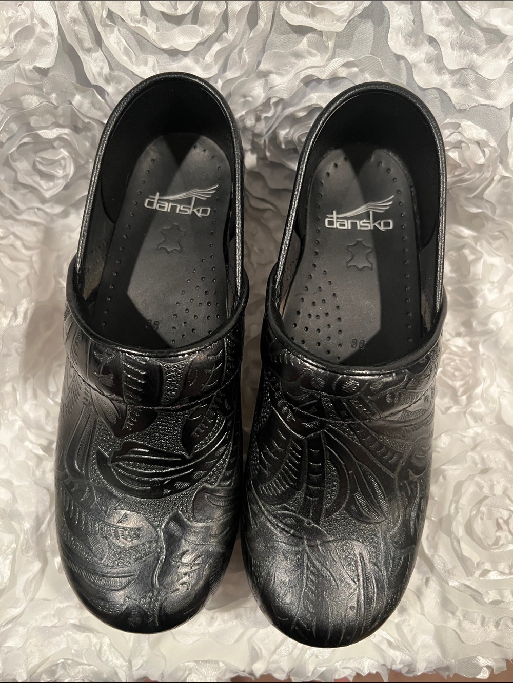 Dansko Black Embossed Leather Slip-On Clogs for Women